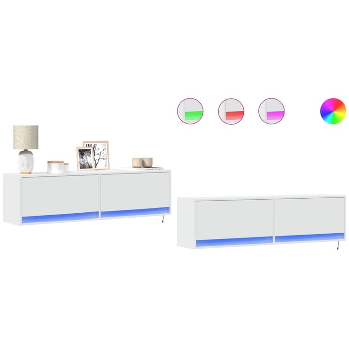 Dulap TV de perete cu lumini LED, alb, 140x31x38 cm