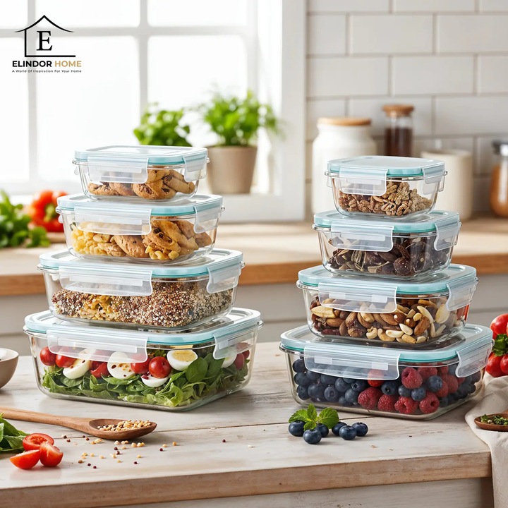 Комплект от 8 стъклени кутии Elindor®, съдове за кухненски съставки, за сухи храни, съд за съхранение на кафе, захар, паста, зърнени храни, херметически капак, подходящи за фризер, прозрачни