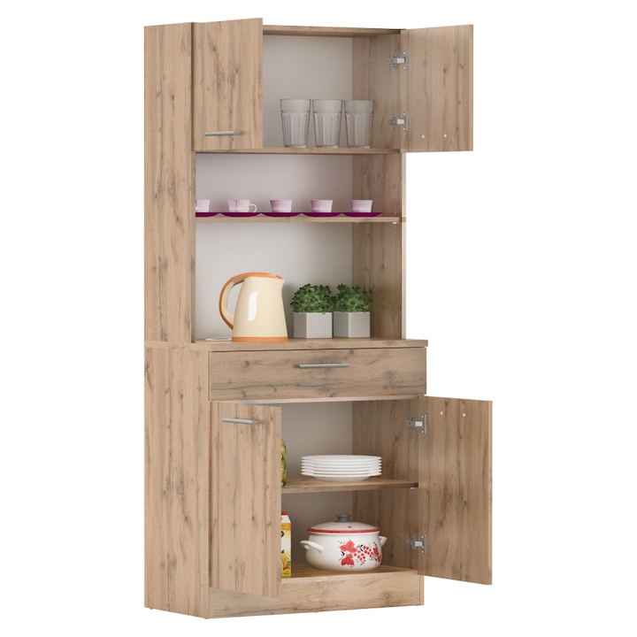 Dulap/bufet de bucatarie, culoare stejar wotan, din PAL, cu patru usi, un sertar, rafturi, design elegant si practic, bucatarie, living, 80x43, 3x185 cm