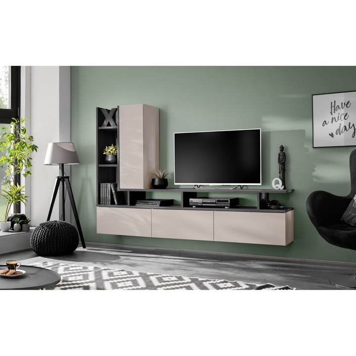 Set mobila de living, pal casmir bej/grafit stejar, 210 cm lungime, usi deschidere push open prin apasare, canturi abs, moderna, prindere perete- suspendata