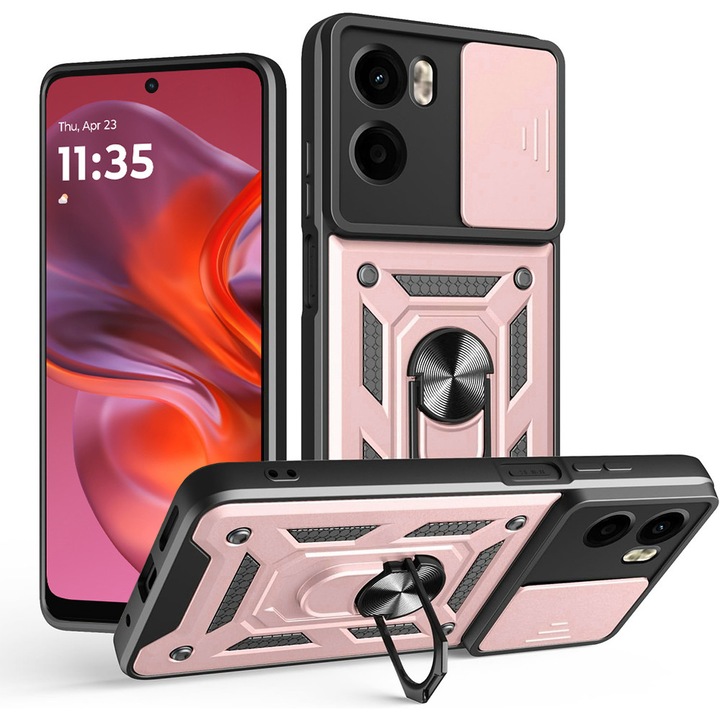Husa pentru Motorola Moto G05 / E15 DaDen Premium Hybrid Armor Kickstand, Slider Camera, Antisoc, Protectie Superioara, Auriu rose