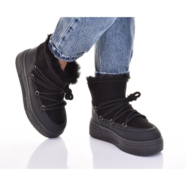 Ghete pentru dama Martinus, cu platforma, negre, piele ecologica, captusite cu blana