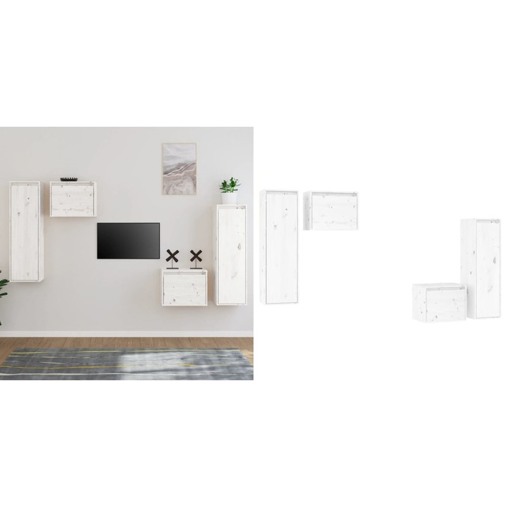 Comode TV, alb, 4 buc., lemn masiv de pin