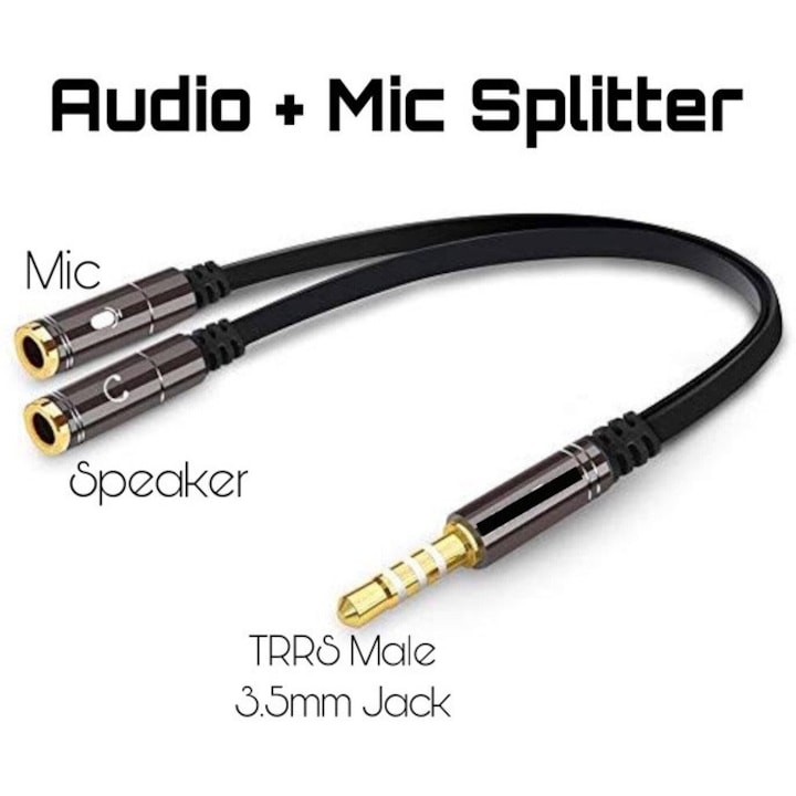 Adaptor cablu 4 pini 3.5 mm tata la 2x Jack 3.5 mm mama, 0.3m, metal, negru