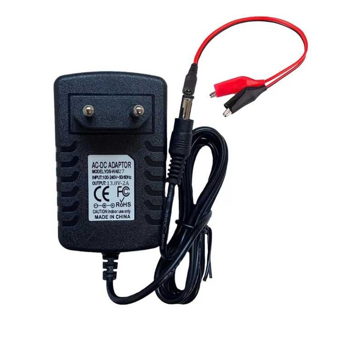 Зарядно устройство 13.8V 2A за 12V оловно-киселинни/гелови акумулатори с щепсел 2.1x5.5mm + кабел с крокодили (547)