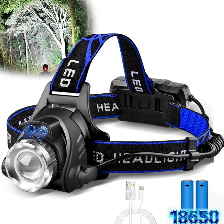 Lanterna puternica de cap, 2000 lumeni, 4 Moduri de Lumina, Cu comanda senzoriala, Zoom Telescopic, 2 baterii reincarcabile de 18650 Li, Rotire 90 Grade, IPX4, Negru/albastru