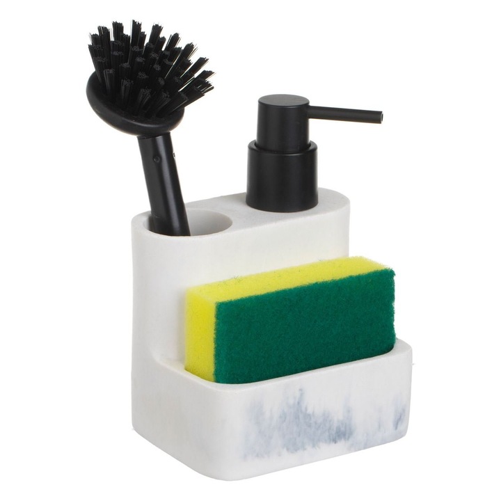 Dispenser detergent de vase 150 ml, cu suport pentru burete de vase si perie, 11x8.5x15.5 cm, Gri