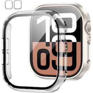 Set 2 carcase cu sticla de protectie pentru Apple Watch Series 11 (2025) si Series 10, 42mm, carcasa subtire din PC dur cu protectie completa, Starlight + Transparent