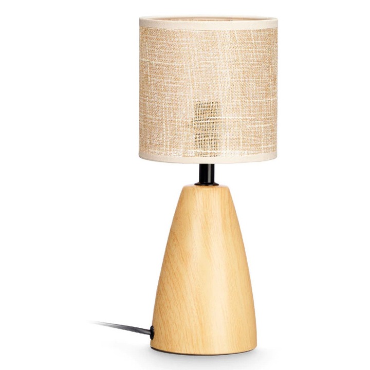 Lampa Decorativa GiftDecor, design Oval, Ceramica cu efect de Lemn, 60W, 32.5 cm, abajur Textil, Eleganta, culoare Natur