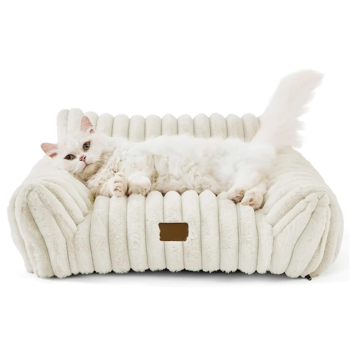 Pat confortabil pentru câini și pisici Elindor®, tip canapea, antiderapant, husă detașabilă din microfibră lavabilă, talie mică, 61x46x25 cm, crem, pentru orice anotimp