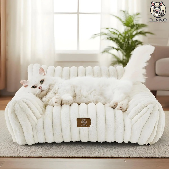 Удобно легло за кучета и котки Elindor® Тип диван, Меко нехлъзгащо се легло, с подвижен калъф от микрофибър, който може да се пере в машина, Подходящо за малки кучета и котки, Идеално за всеки сезон, в дома, 61 x 46 x 25 см, Кремаво