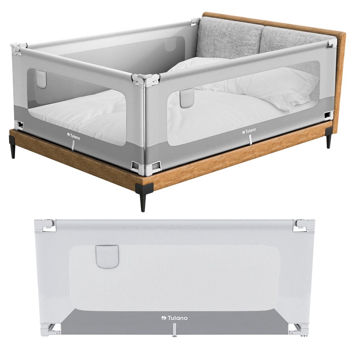 Защитна преграда за легло, предпазен ръб 160 Cm Tulano Cover 46, с регулируема височина, Сиво-бяло