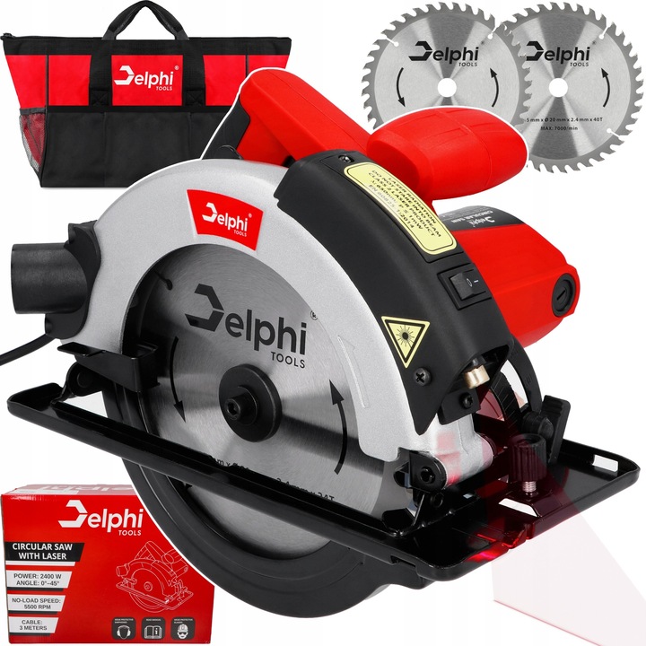 Ferastrau circular electric Delphi Tools cu laser, 2400 W, diametru disc 185 mm, adancime taiere 65 mm, set complet
