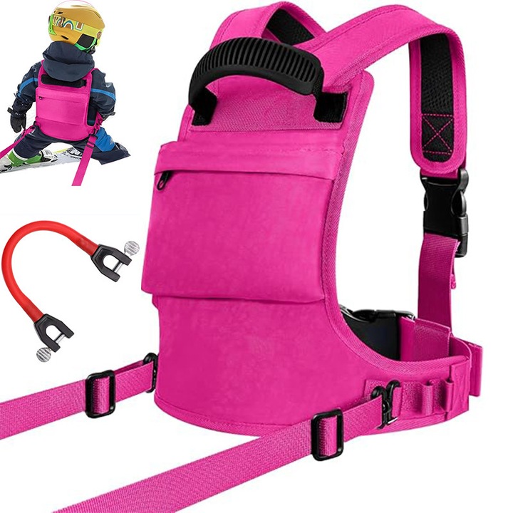 Harnasament de ajutor pentru schi pentru copii pentru controlul vitezei si echilibrului, Conector schi, centura de antrenament pentru copii si incepatori pentru patinaj, skateboarding, snowboarding, rollerblading si ciclism, Roz