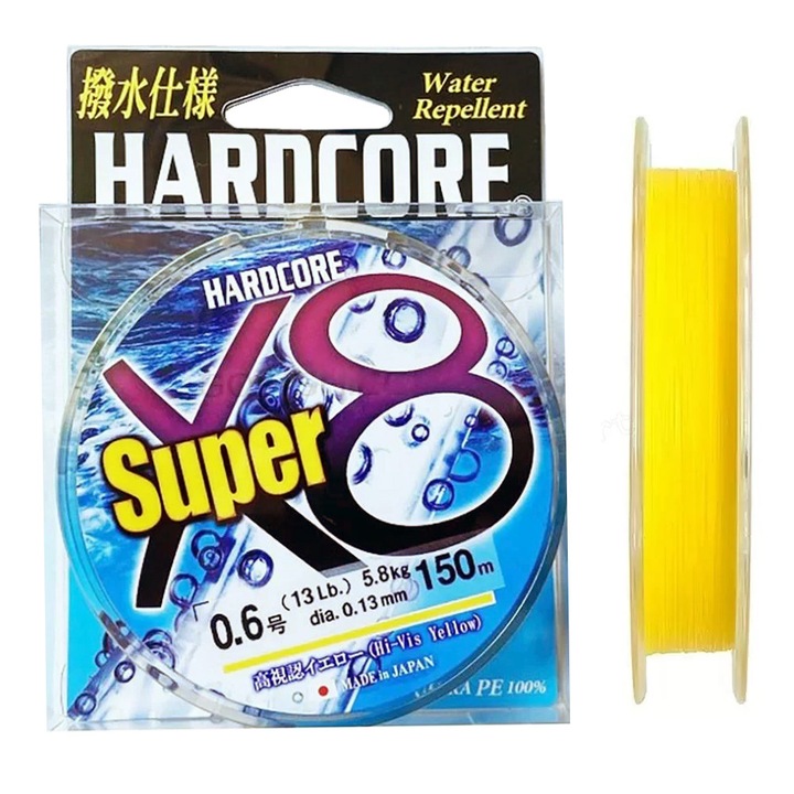 Fir textil pentru pescuit Duel Hardcore Super X8 Hi-Vis Yellow, dimensiune 0.24 mm, lungime 150 m, rezistență la rupere 16 kg, numărătoare japoneză #2.0, galben