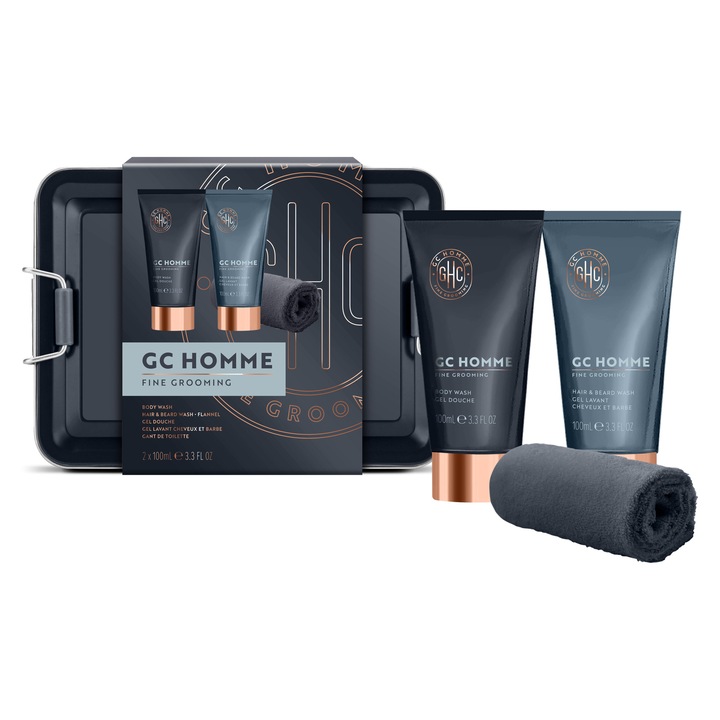 GRACE COLE Ajándékcsomag férfiaknak Fekete bors és mandarin, luxus szett tusfürdővel, samponnal hajra és szakállra, arctörlővel és fém dobozzal, 4 termék
