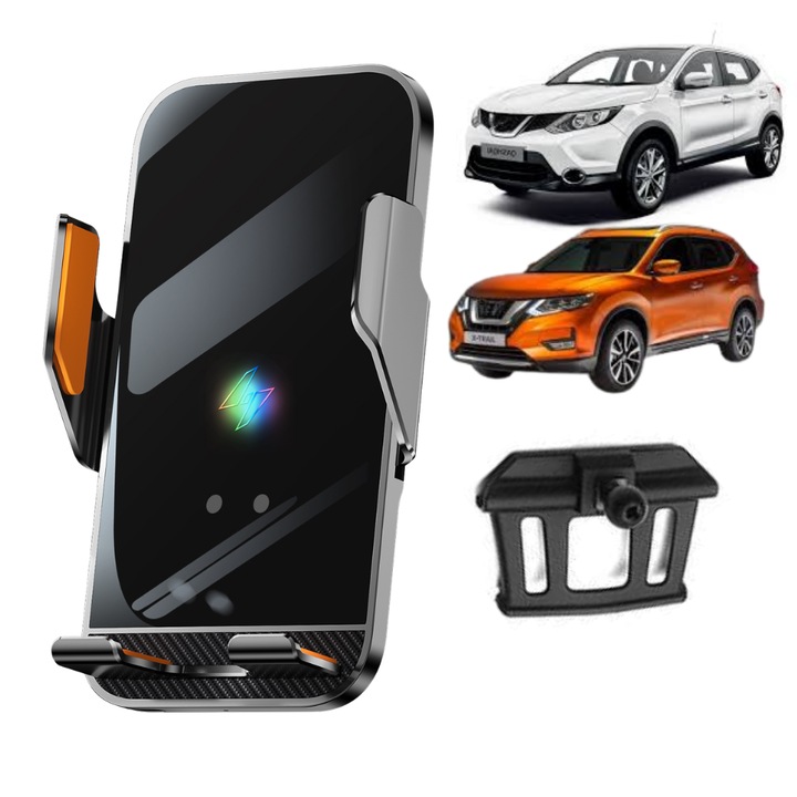 Veltrova autós telefontartó vezeték nélküli töltéssel 15W, dedikált rögzítés NISSAN QASHQAI (2014-2021) / X-TRAIL (2014-2021) modellekhez, automatikus érzékelő, 360°-os forgatás, stabil rögzítés a műszerfalra csipesz segítségével
