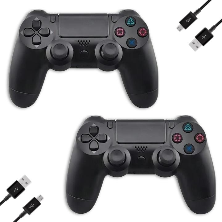 Set 2 controlere wireless LuckyLu®, compatibil PS4, PS-TV si PS, cablu incarcator x 2, vibratii intense, negru