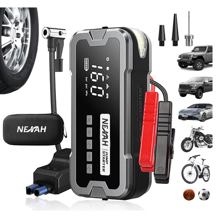 Indítómotor, NEXAH, 4 az 1-ben, 4000A, 12V, 24000mAh, minden 8,0 literes benzin/dízel motorhoz, LCD kijelző, 3 LED világítási mód, intelligens védelem, intelligens bilincseket tartalmaz, modern design
