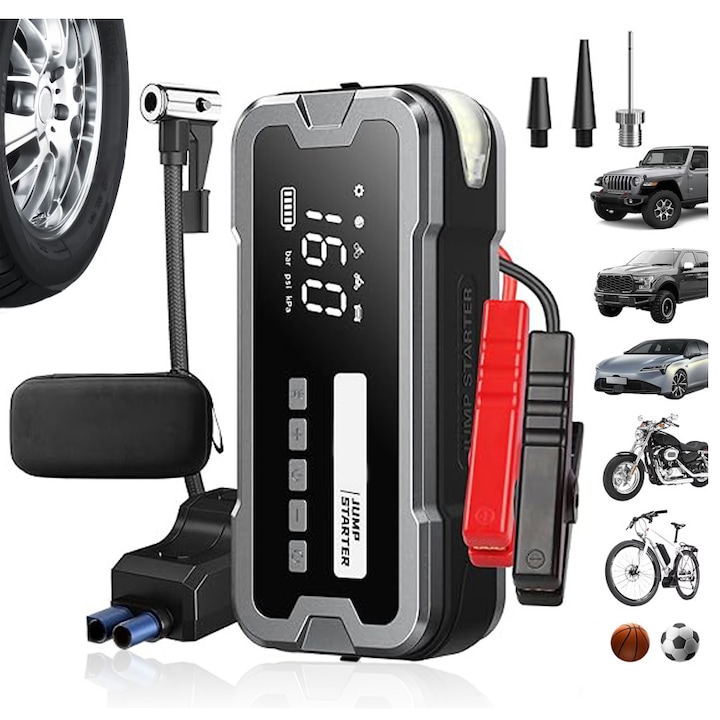 Starter Auto, NEXAH®, 4 in 1, 4000A, 12V, 24000mAh, Baterie Externa/Compresor de Aer Functie, Ecran Digital, 3 Moduri de Lumina LED, Protectie Inteligenta, Portabil, Pentru 5.0L Motor Benzina/4.0L Diesel, Negru