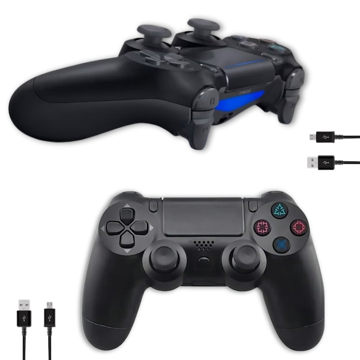 Set controller wireless doubleshock x 2, LuckyLu®, cablu incarcator x 2, compatibil PS4, PS-TV si PS, cu vibratii, negru