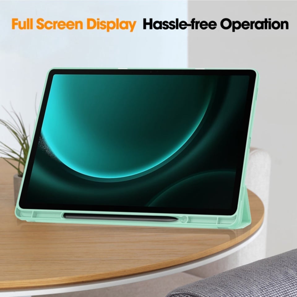 Husa tableta pentru Samsung Galaxy Tab S9 Plus / S10 Plus / S9 FE Plus, suport Pencil, functie Sleep/Wake, Flex Trifold, set cu sticker, Roz
