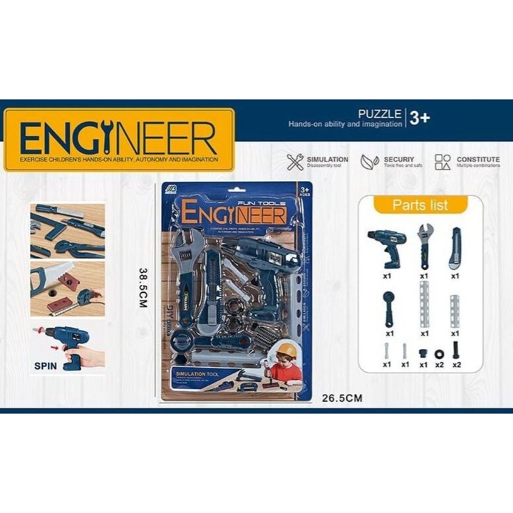 Set unelte pentru copii, Toy Toy Toy, 13 piese, bormasina mecanica, 39x27 cm