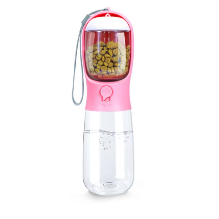 Sticla de apa cu recipient integrat pentru hrana – din materiale sigure, fara BPA. Solutia perfecta pentru plimbari, drumetii sau calatorii cu cainele sau pisica ta. Un must-have pentru pet parents, 300 ml, Roz