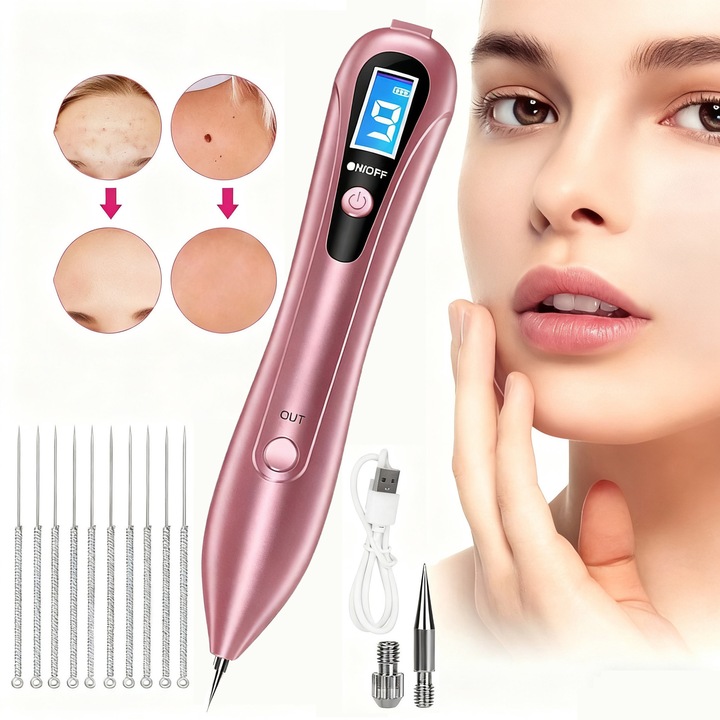 Апарат Plasma Pen YOUKUKE®, 9 нива на интензитет, със сменяеми накрайници, 10 тънки игли, за премахване на брадавици, бенки, белези, татуировки, лунички, лифтинг на клепачи, LCD екран, преносим, розов