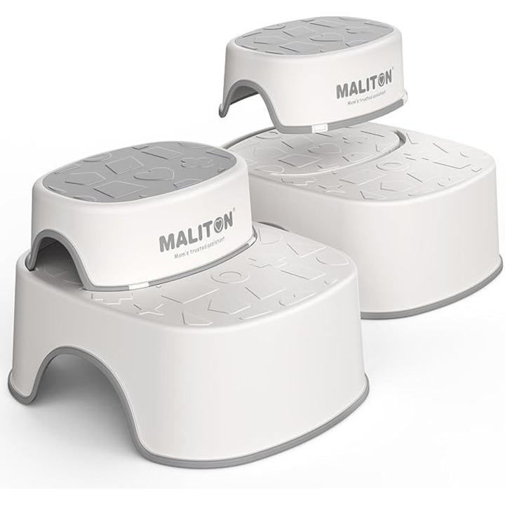 Scaun inaltator copii cu doua trepte Maliton antiderapant, ideal pentru baie, toaleta si antrenament la olita, alb/gri