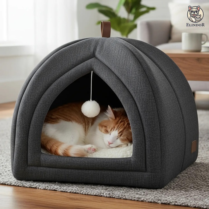 Pat pentru Pisici si Caini, Elindor®, Bumbac, 40×40×40 cm, Gri Inchis