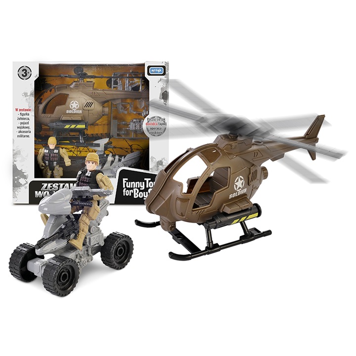 Set militar cu elicopter, figurina soldat si accesorii, Fanny Toys, 27,7x25x11cm, 3+ ani