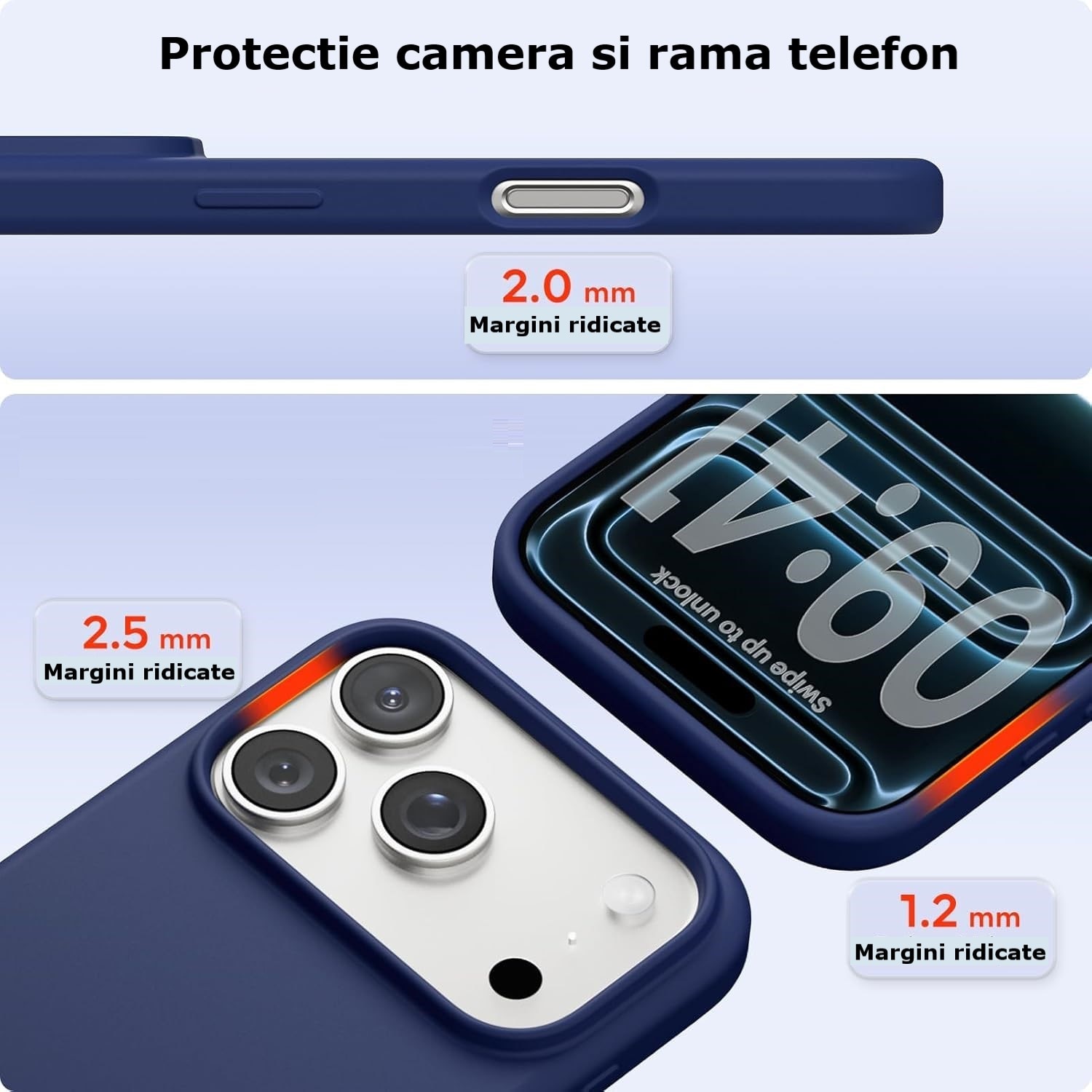 Husa protectie compatibila cu iPhone 17 Pro Max, slim, silicon Bleumarin cu interior din microfibra, protectie camera, protectie ecran, ISAG