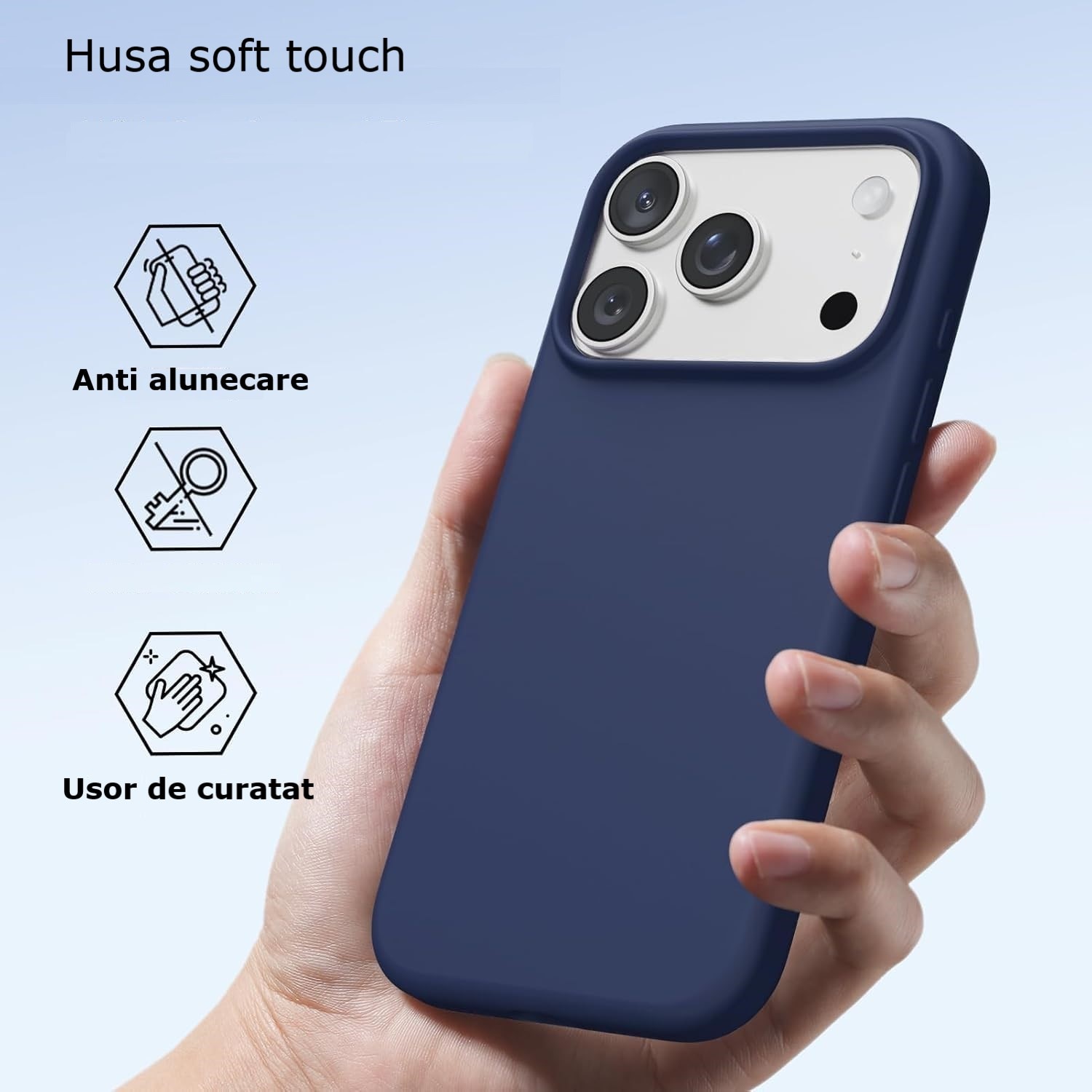 Husa protectie compatibila cu iPhone 17 Pro Max, slim, silicon Bleumarin cu interior din microfibra, protectie camera, protectie ecran, ISAG