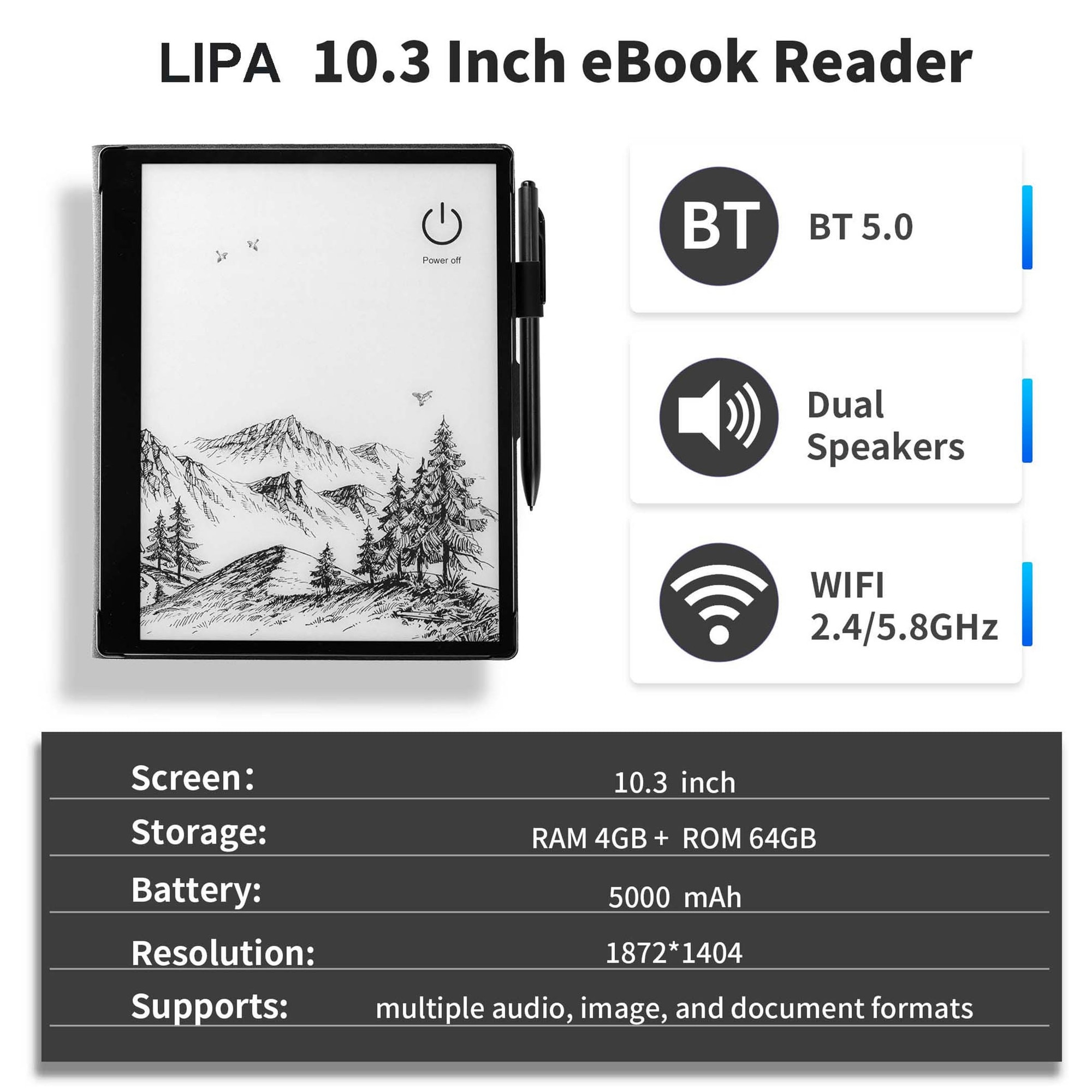 Pika Ereader eBook Reader Lipa ET10, 10.3 inch, 64 GB, 4 GB RAM, E-Ink, cu husa si ...