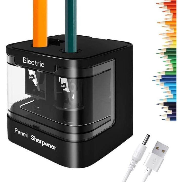 Ascutitoare electrica Bedee, design cu doua gauri, negru, 7x7cm, pentru creioane 6-12 mm, alimentare USB si baterie