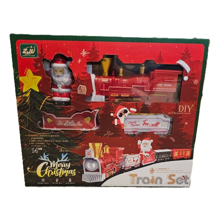Set trenulet electric de Craciun, locomotiva si 2 vagoane, 14 piese, plastic, multicolor