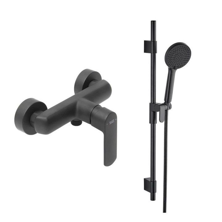 Fali csaptelep zuhanykészlettel, 150 mm, Matt fekete