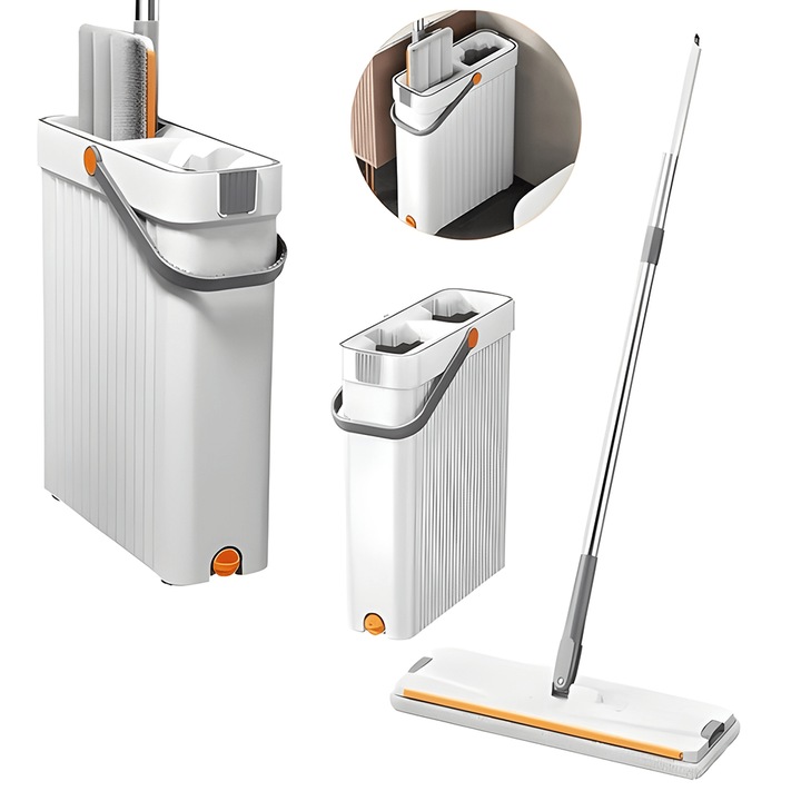 Set Mop și Galeată Teno, galeată dublă, mop plat din inox, alb