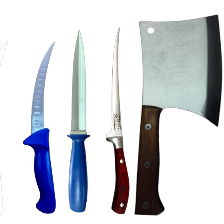 Set Profesional de Macelarie, Set 5 Piese Profesionale, Cutit de Sacrificat, Dezosat, Filetat, Masat pentru ascutit cutite, Satar pentru Oase