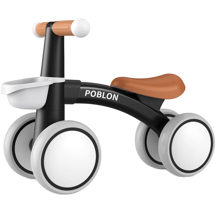 Fekete, szerszámmentesen összeszerelhető, állítható ülésmagasságú, 4 kerekű futóbicikli