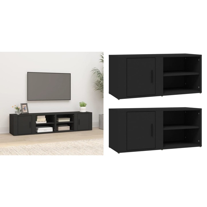 Comode TV, 2 buc., negru, 80x31, 5x36 cm, lemn prelucrat