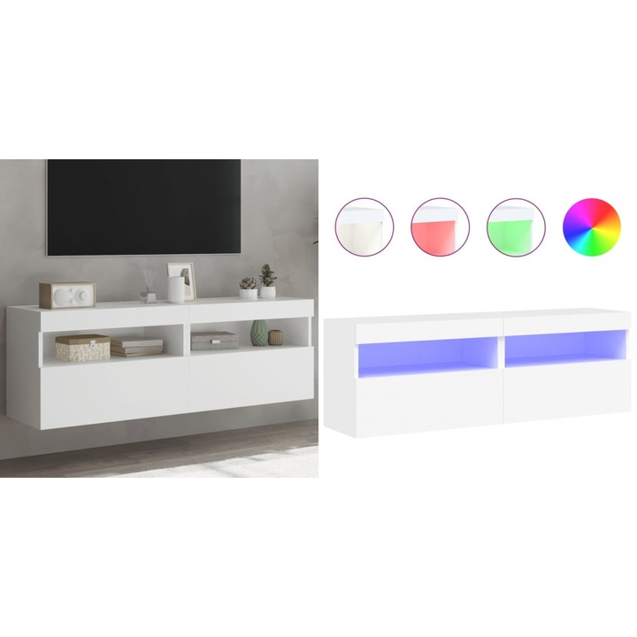 Comode TV de perete cu lumini LED, 2 buc., alb, 60x30x40 cm