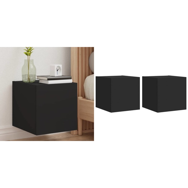 Comode TV de perete cu lumini LED, 2 buc., negru, 30, 5x35x30 cm