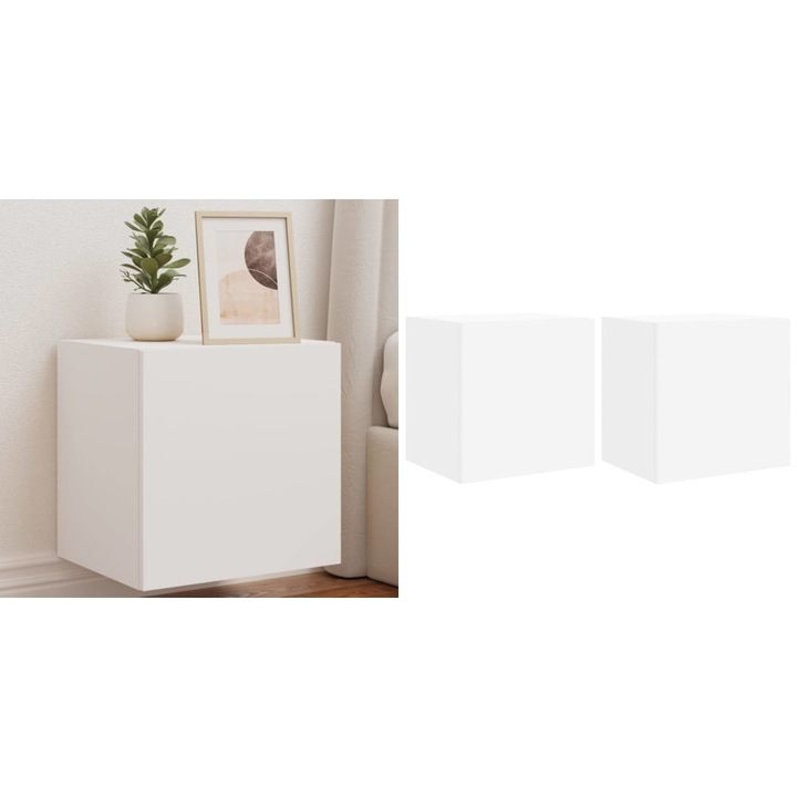 Comode TV de perete cu lumini LED, 2 buc., alb, 40, 5x35x40 cm