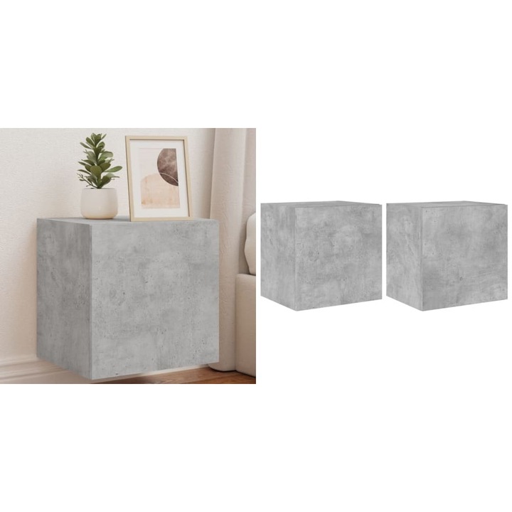 Comode TV de perete cu lumini LED 2 buc. gri beton 40, 5x35x40cm