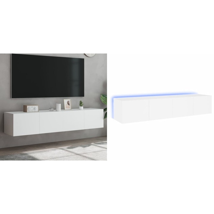 Comode TV de perete cu lumini LED, 2 buc., alb, 80x35x31 cm