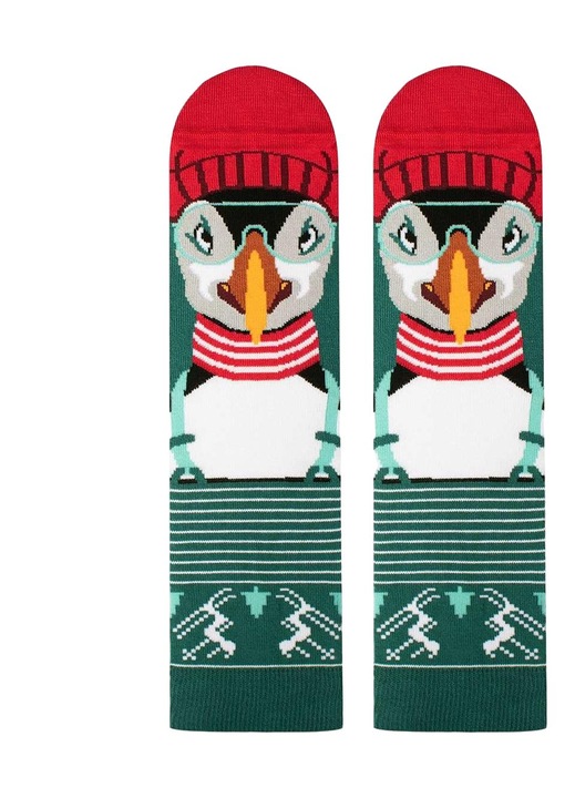 Sosete dama Pirin Hill, bumbac/bambus, model pinguin, Verde/Rosu