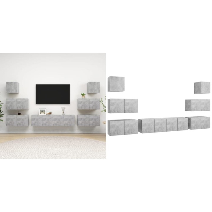 Set de dulapuri TV, 8 piese, gri beton, lemn prelucrat