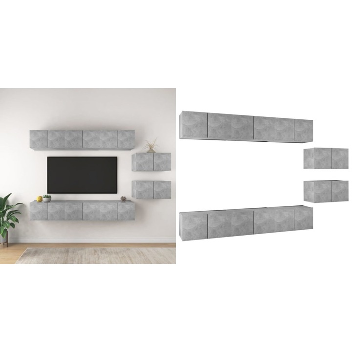 Set de dulapuri TV, 8 piese, gri beton, lemn prelucrat